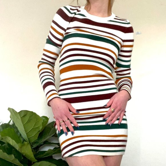 Forever 21 Womens Striped Sweater Dress Long Sleeve Crew Neck White Brown Size L - Picture 1 of 9